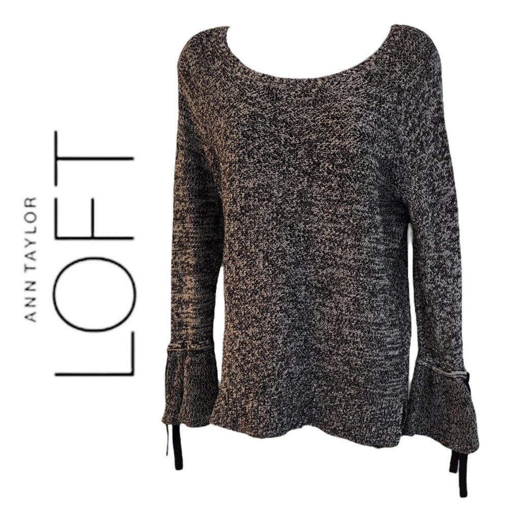 LOFT "Tipped" Sweater M Tie Bell Statement Sleeves Black White Marl Salt Pepper